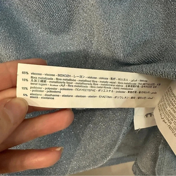 Zara Button Front Ruched Cutout Long Sleeve Light Blue Sparkle Top Size M NWOT - Picture 6 of 9